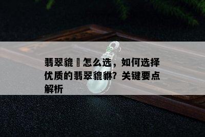 翡翠貔恘怎么选，如何选择优质的翡翠貔貅？关键要点解析